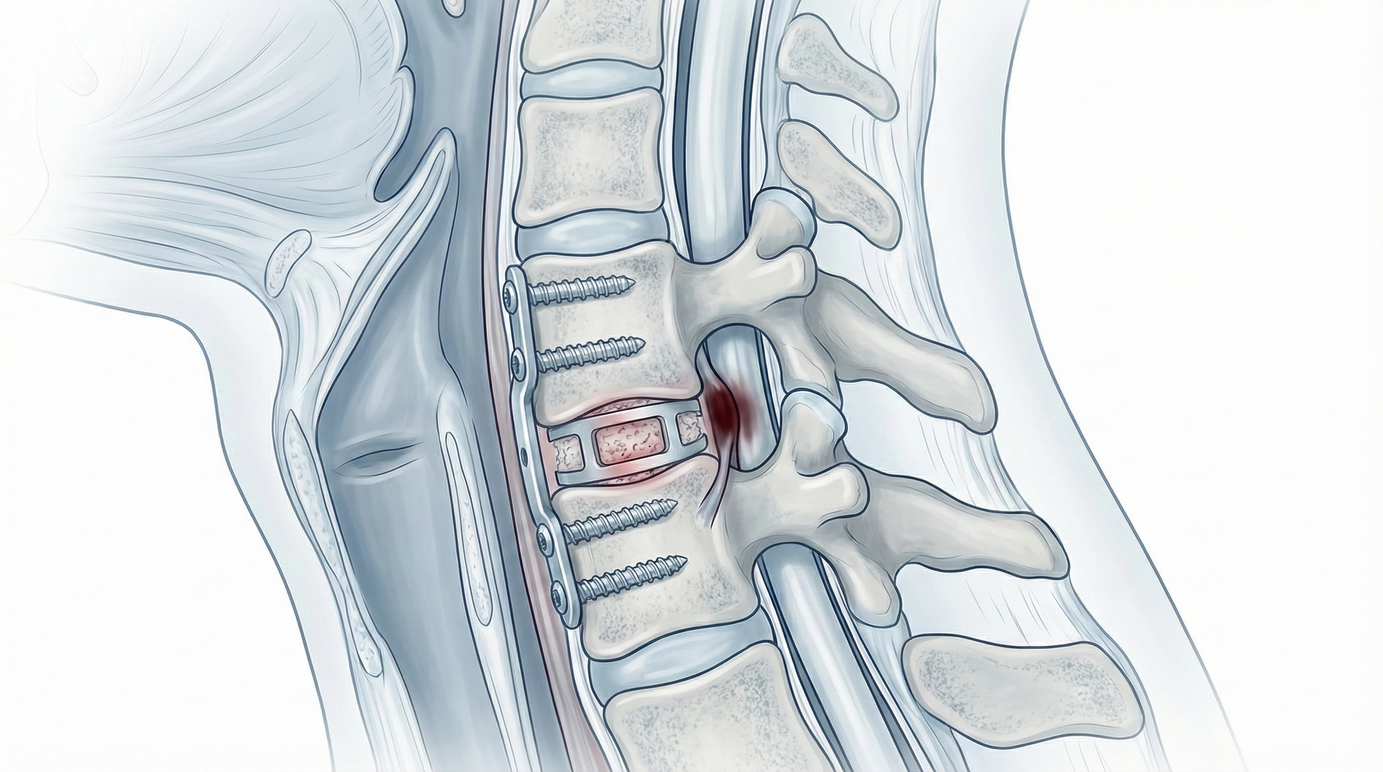 Ilustración lateral de columna cervical mostrando artrodesis anterior con caja intersomática y placa con tornillos para estabilizar un nivel degenerado.
